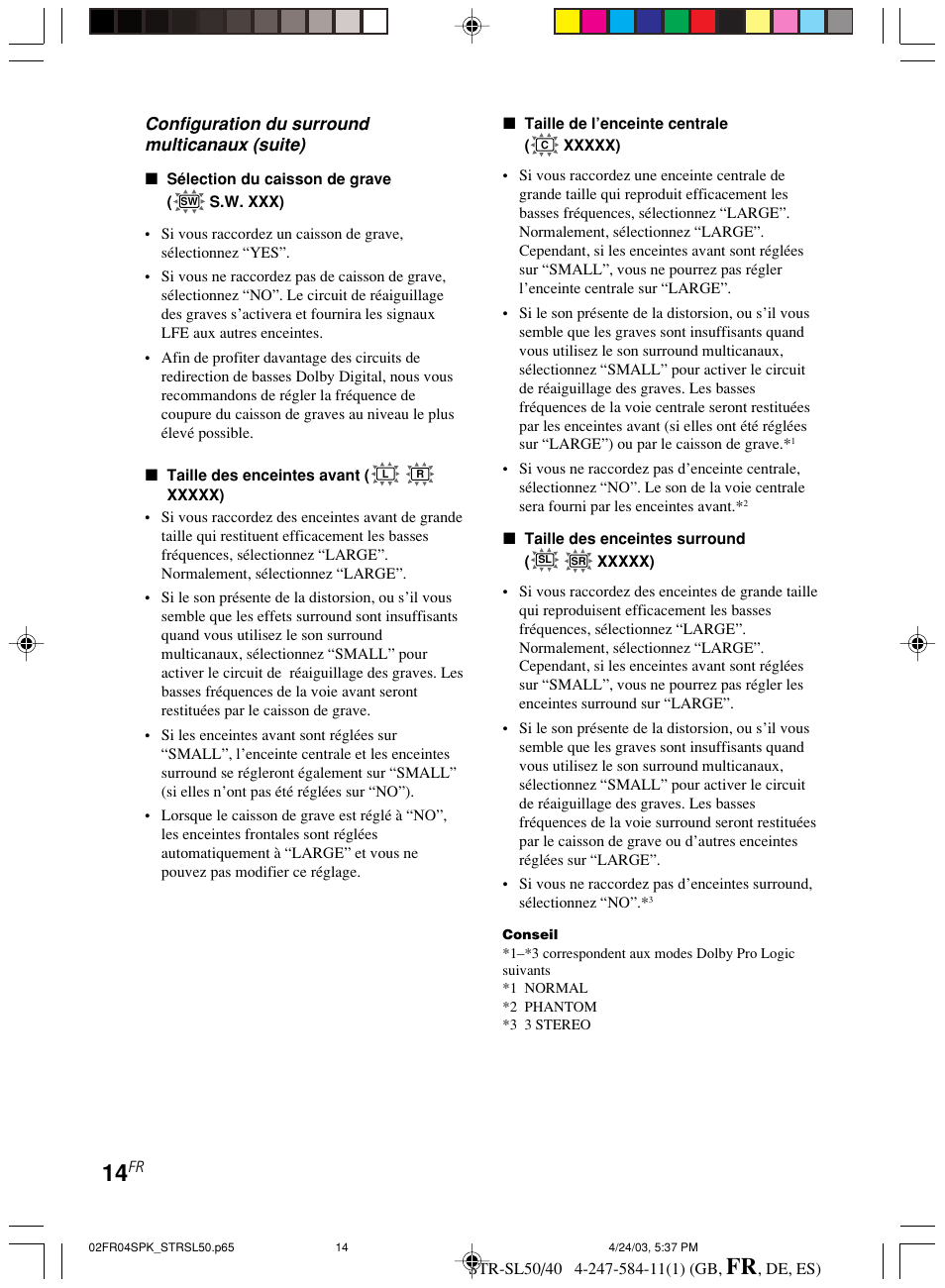 Configuration du surround multicanaux (suite) | Sony TR-SL50 User Manual | Page 53 / 157