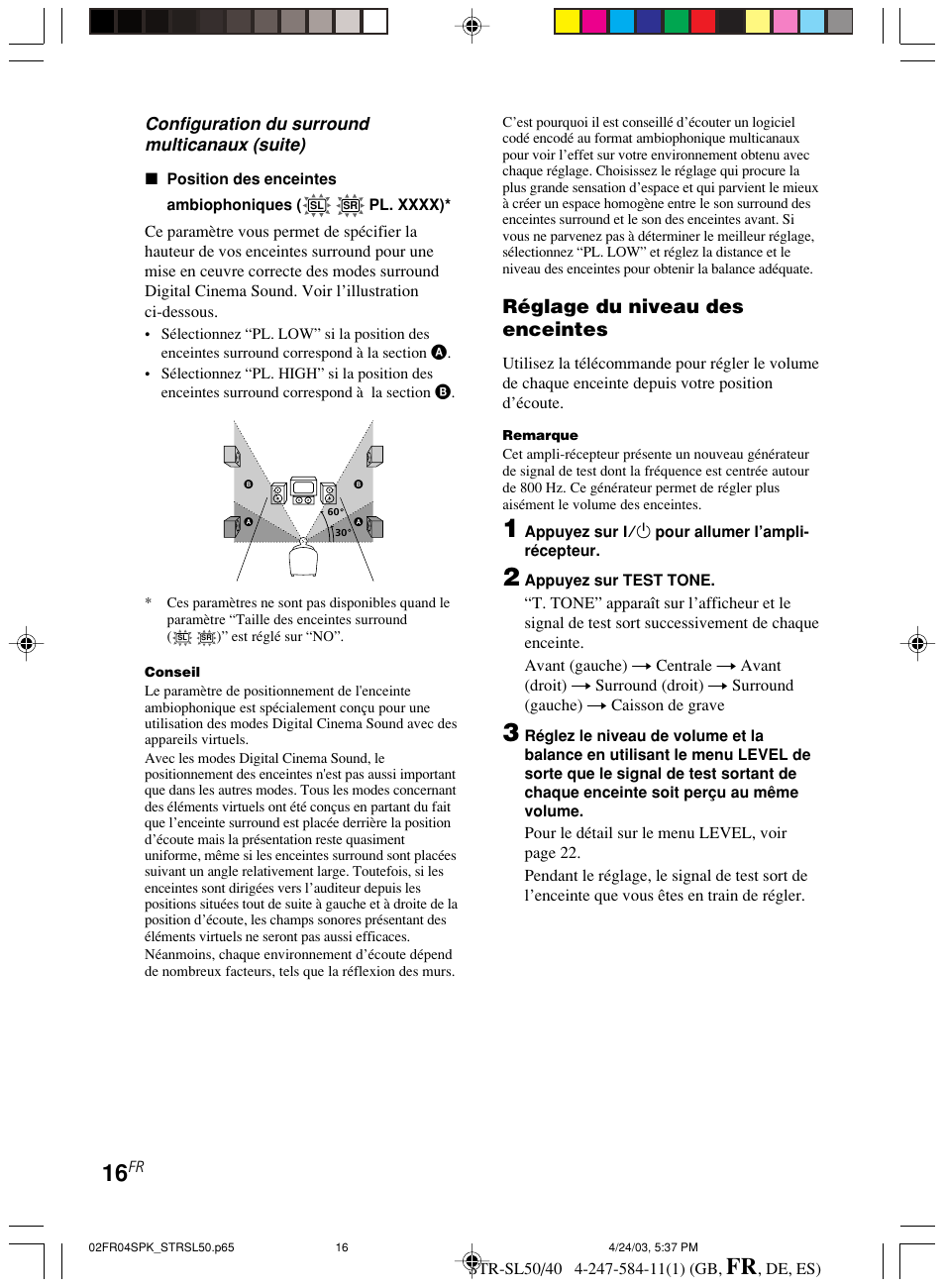 Réglage du niveau des enceintes | Sony TR-SL50 User Manual | Page 55 / 157