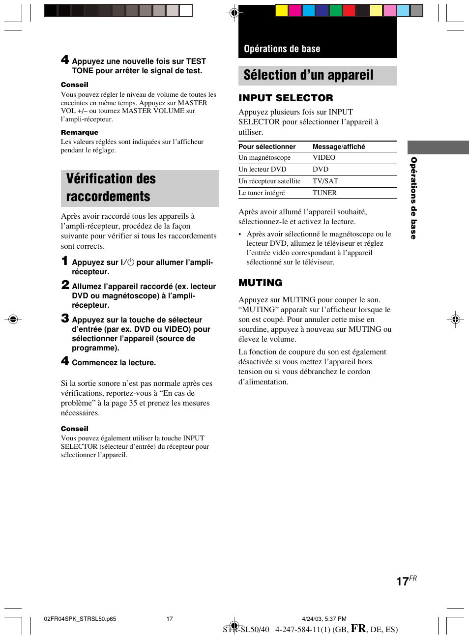 Vérification des raccordements, Opérations de base, Sélection d’un appareil | Sony TR-SL50 User Manual | Page 56 / 157