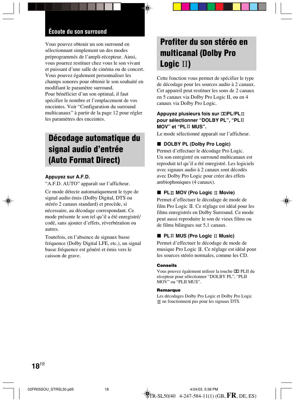 Écoute du son surround, Décodage automatique du signal audio, D’entrée (auto format direct) | Profiter du son stéréo en multicanal, Dolby pro logic ii) | Sony TR-SL50 User Manual | Page 57 / 157