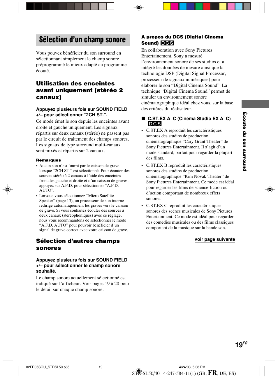 Sélection d’un champ sonore | Sony TR-SL50 User Manual | Page 58 / 157