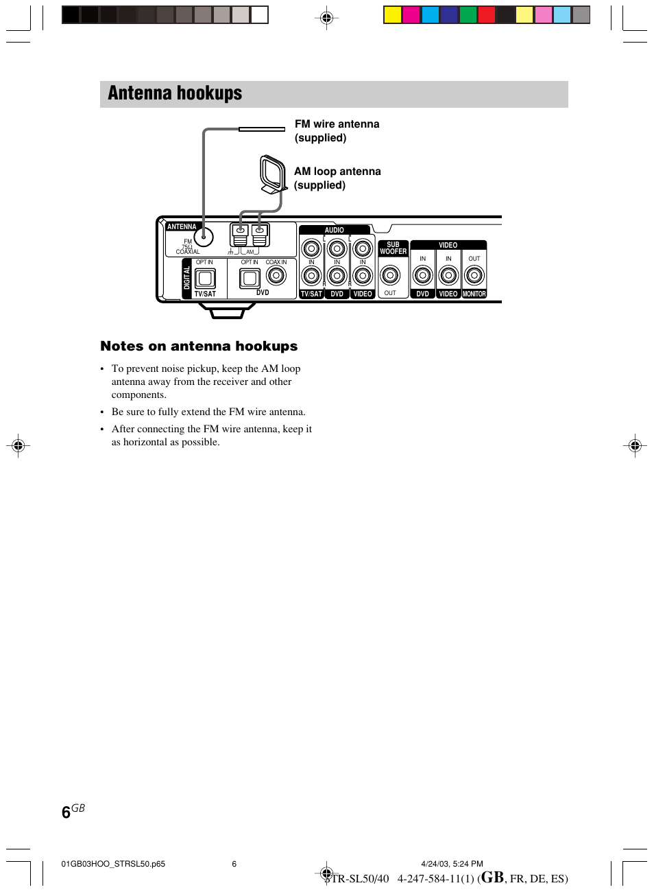 Antenna hookups, Fr, de, es) | Sony TR-SL50 User Manual | Page 6 / 157