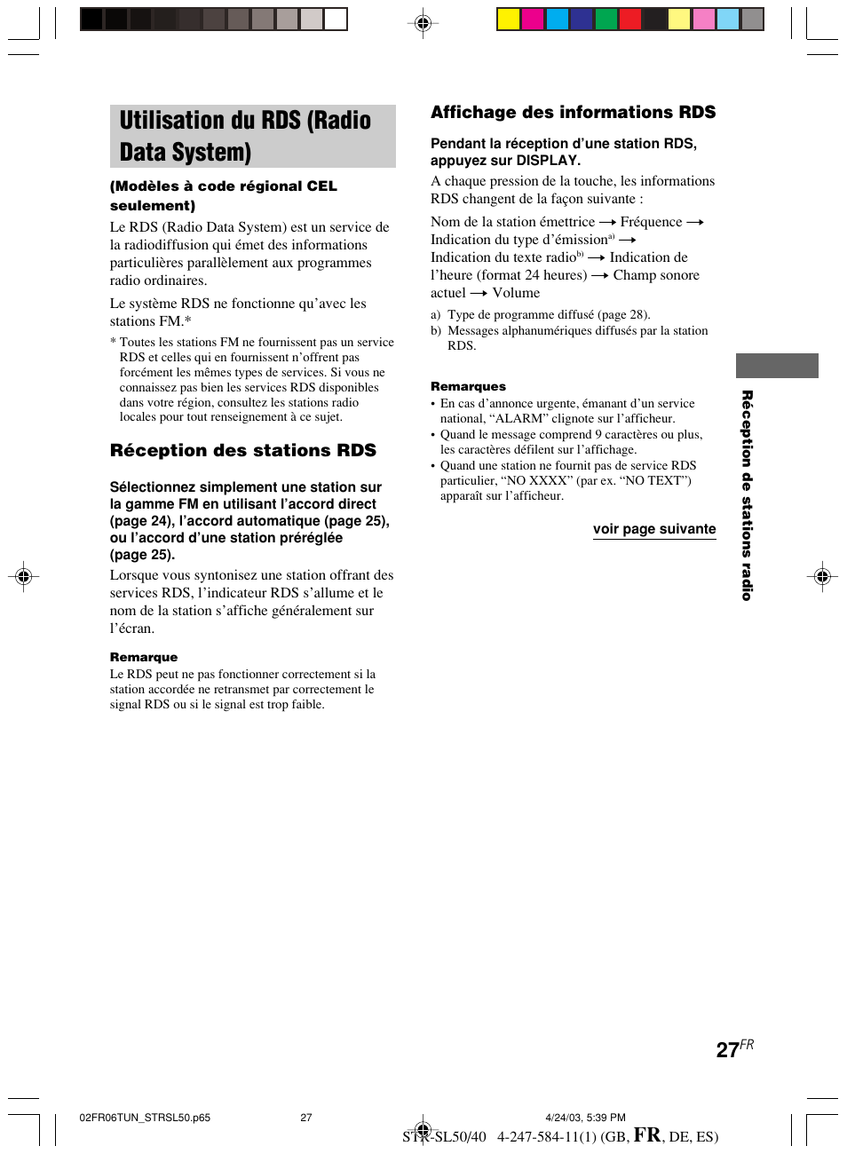 Utilisation du rds, Radio data system), Utilisation du rds (radio data system) | Réception des stations rds, Affichage des informations rds | Sony TR-SL50 User Manual | Page 66 / 157