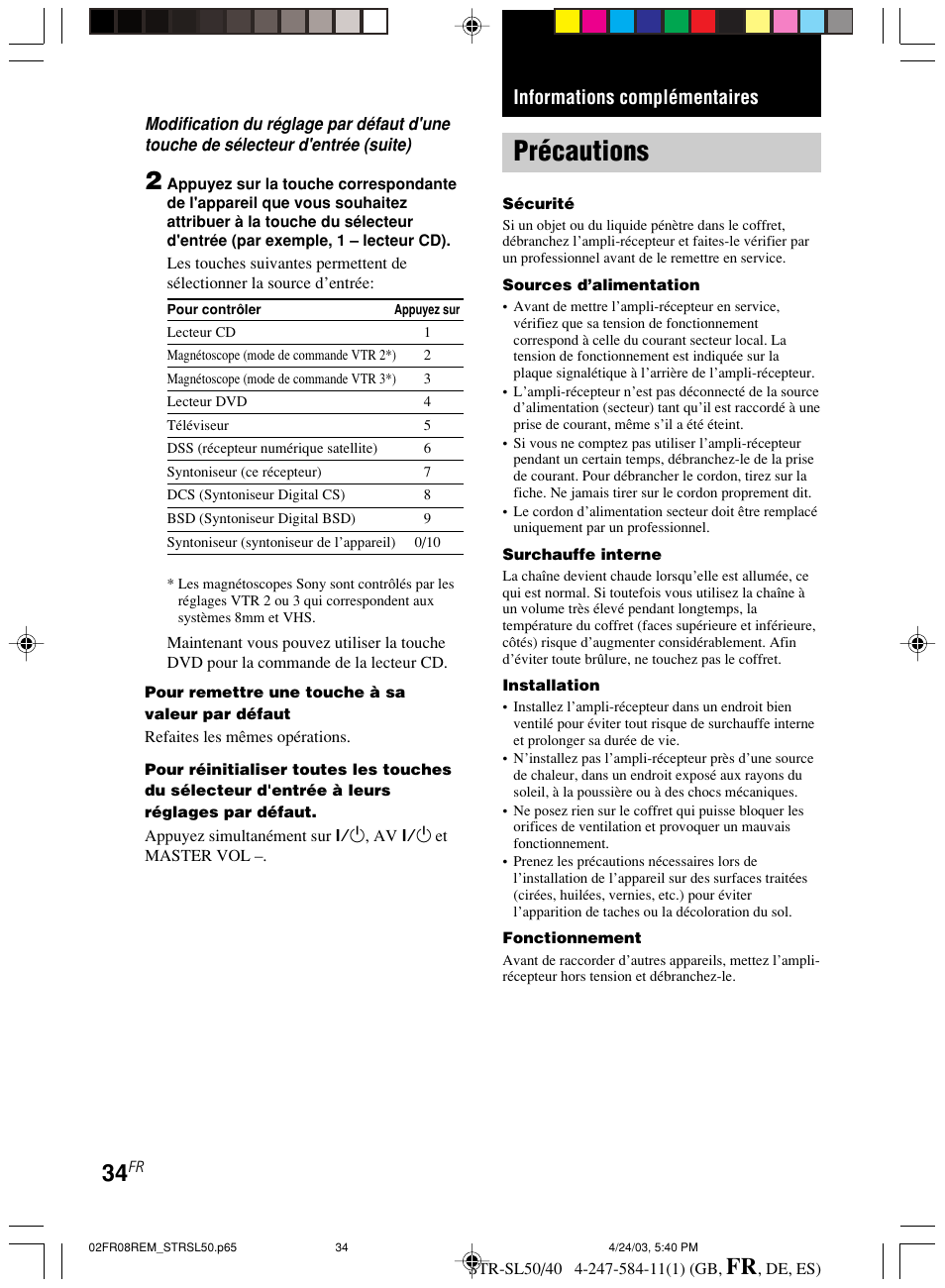 Informations complémentaires, Précautions | Sony TR-SL50 User Manual | Page 73 / 157