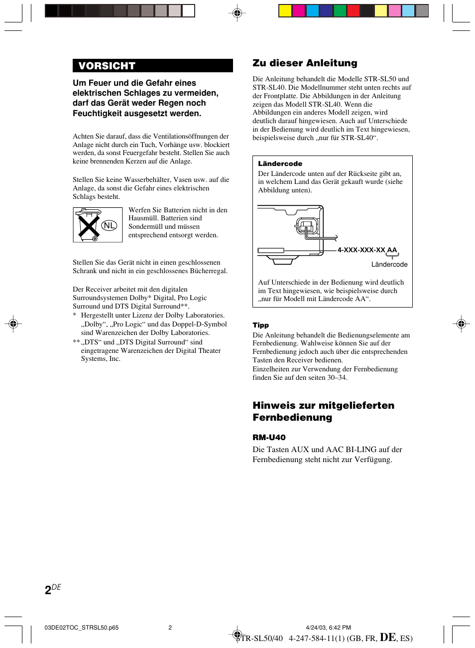 Vorsicht, Zu dieser anleitung, Hinweis zur mitgelieferten fernbedienung | Sony TR-SL50 User Manual | Page 80 / 157