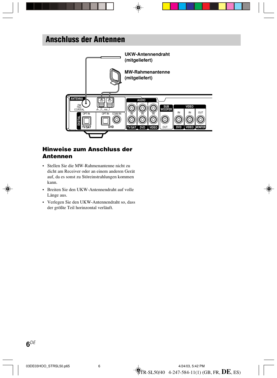 Anschluss der antennen, Hinweise zum anschluss der antennen | Sony TR-SL50 User Manual | Page 84 / 157