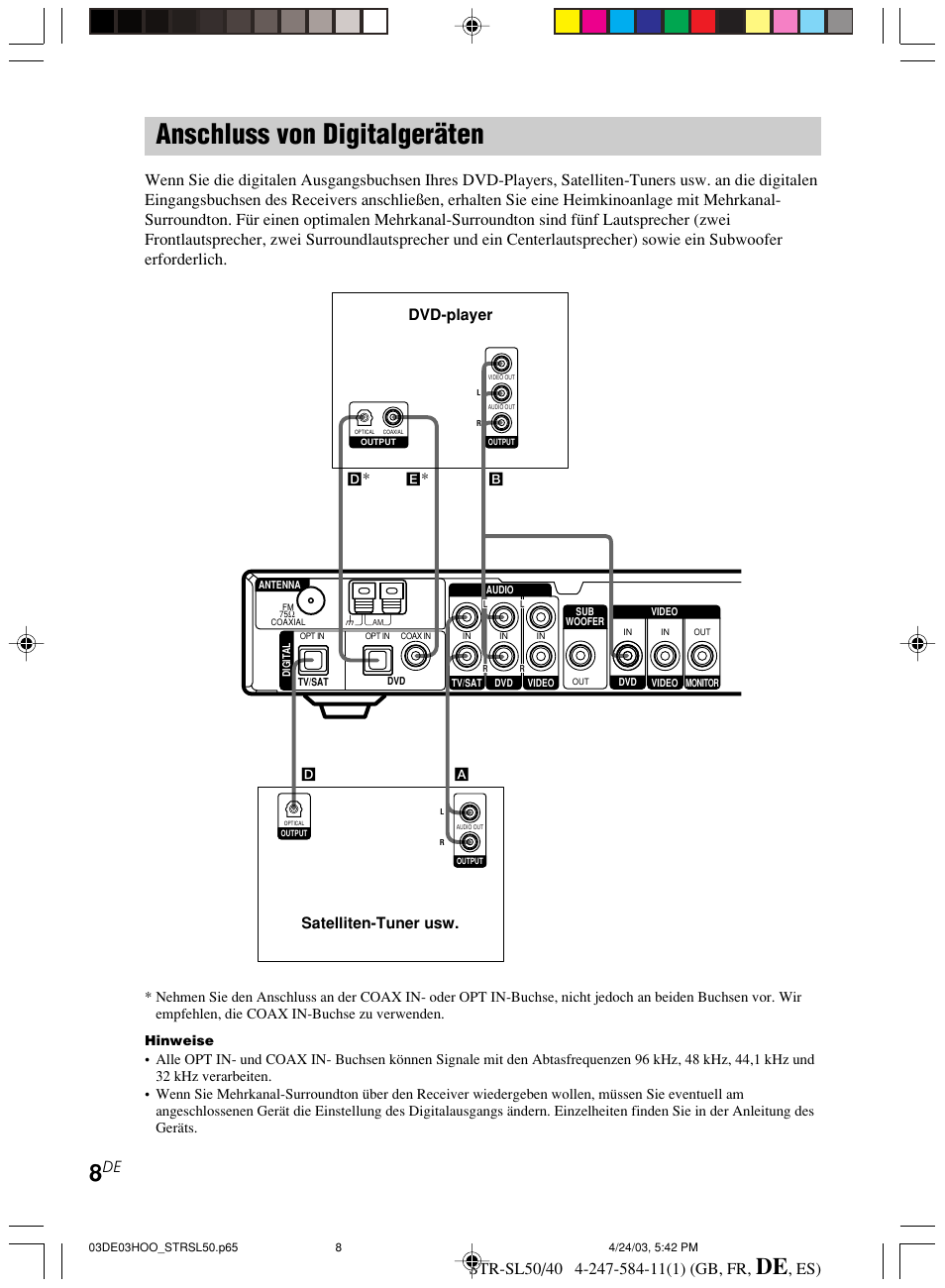 Anschluss von digitalgeräten, Dvd-player satelliten-tuner usw | Sony TR-SL50 User Manual | Page 86 / 157