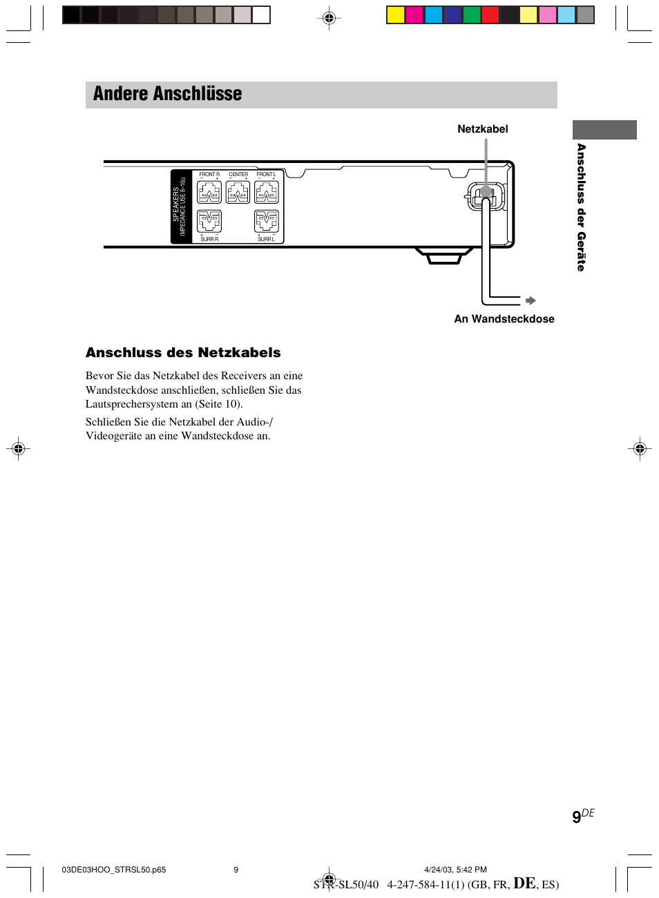 Andere anschlüsse, Anschluss des netzkabels | Sony TR-SL50 User Manual | Page 87 / 157