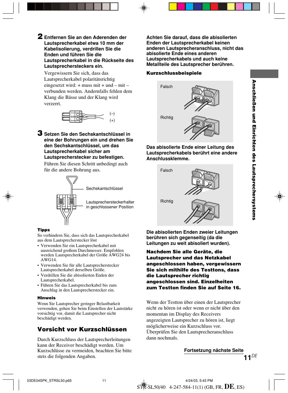 Vorsicht vor kurzschlüssen | Sony TR-SL50 User Manual | Page 89 / 157