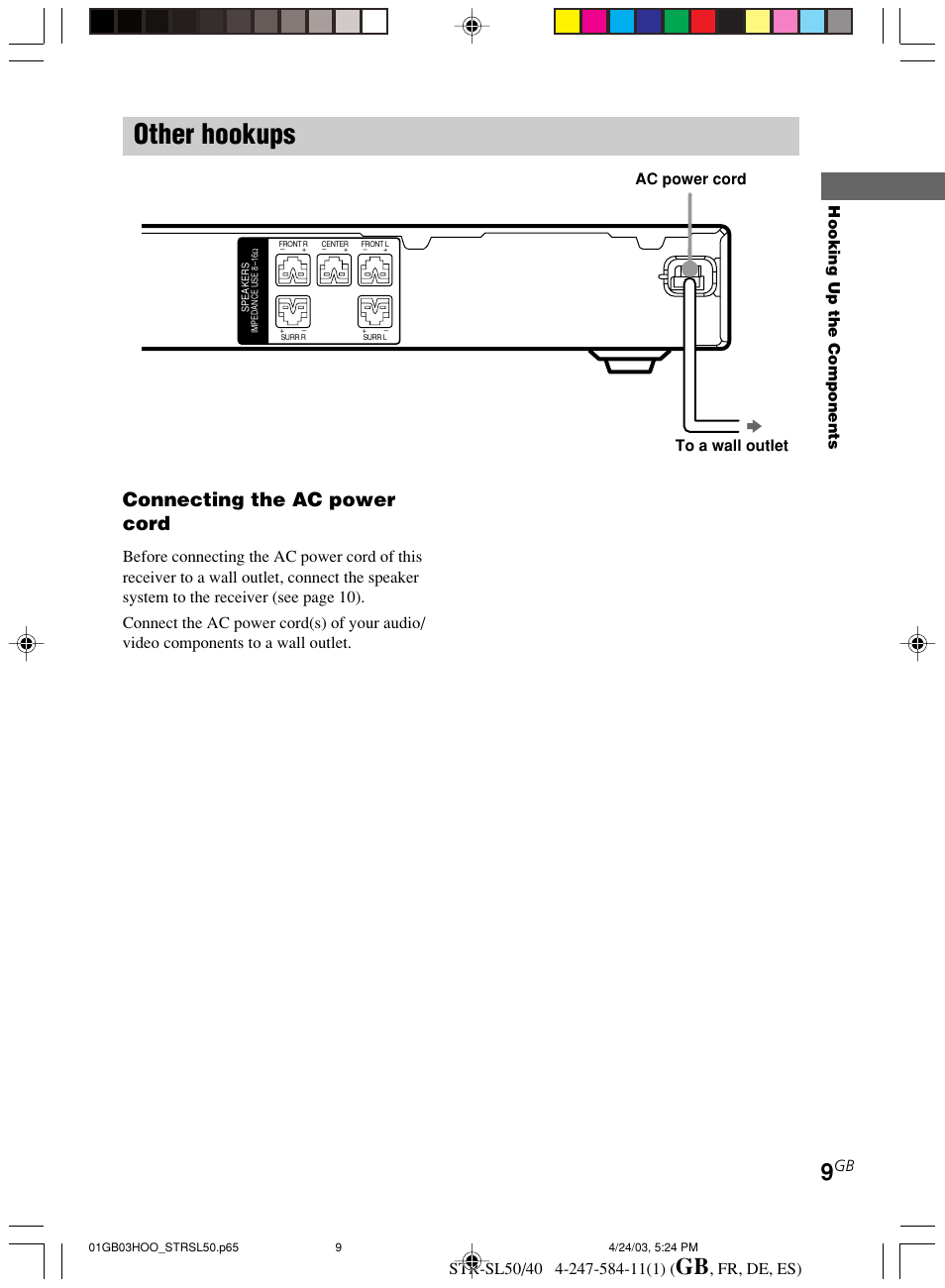 Other hookups, Connecting the ac power cord | Sony TR-SL50 User Manual | Page 9 / 157