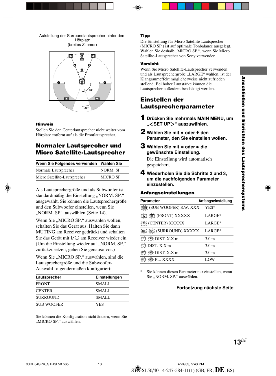 Einstellen der lautsprecherparameter | Sony TR-SL50 User Manual | Page 91 / 157