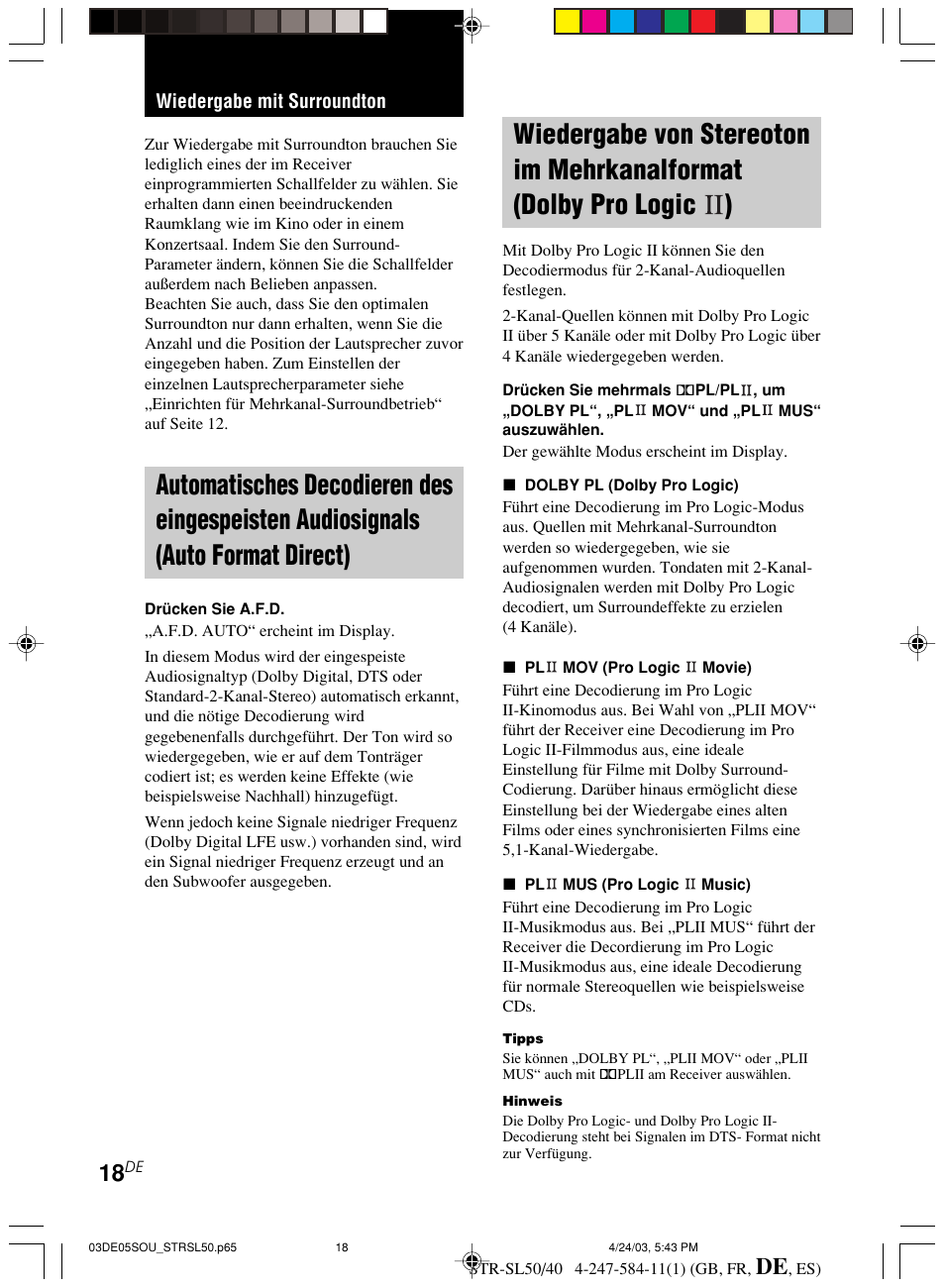 Wiedergabe mit surroundton, Automatisches decodieren des, Eingespeisten audiosignals (auto format direct) | Wiedergabe von stereoton im, Mehrkanalformat (dolby pro logic ii) | Sony TR-SL50 User Manual | Page 96 / 157