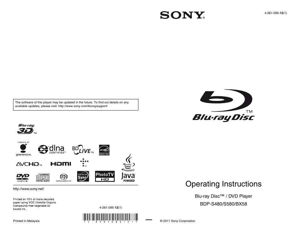 Sony BLU-RAY DISCTM BDP-S480 User Manual | 35 pages