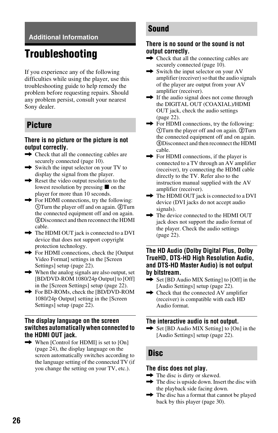 Additional information, Troubleshooting, Picture sound disc | Sony BLU-RAY DISCTM BDP-S480 User Manual | Page 26 / 35