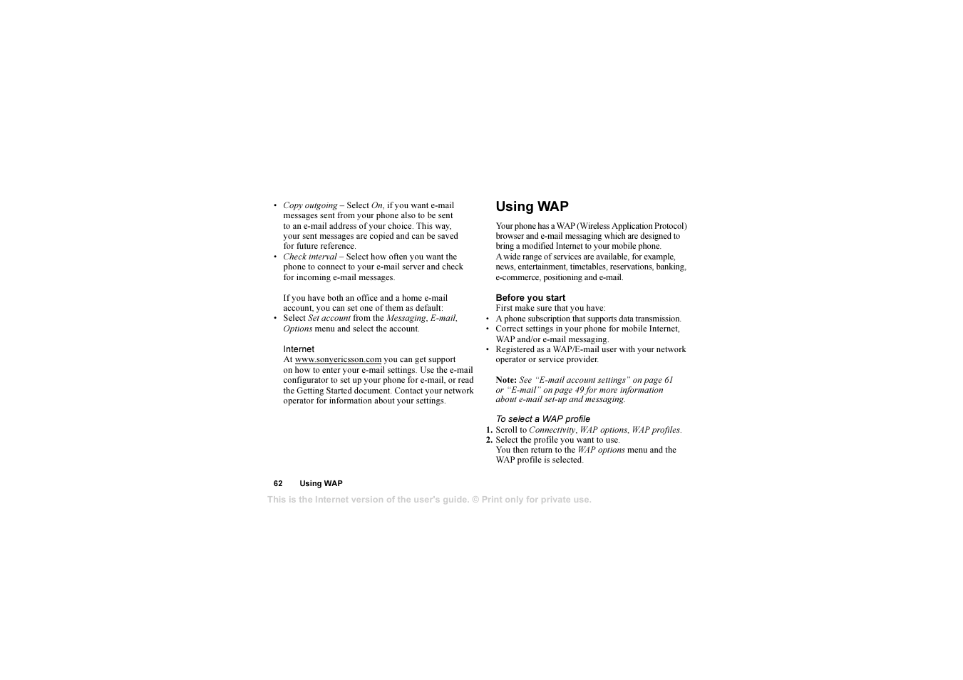 Using wap, Using wap 62 | Sony T610 User Manual | Page 62 / 95