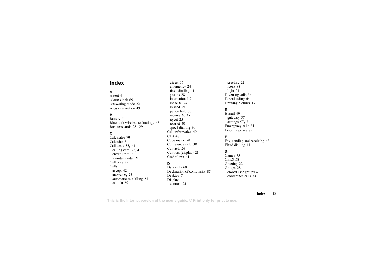 Index, Index 93 | Sony T610 User Manual | Page 93 / 95