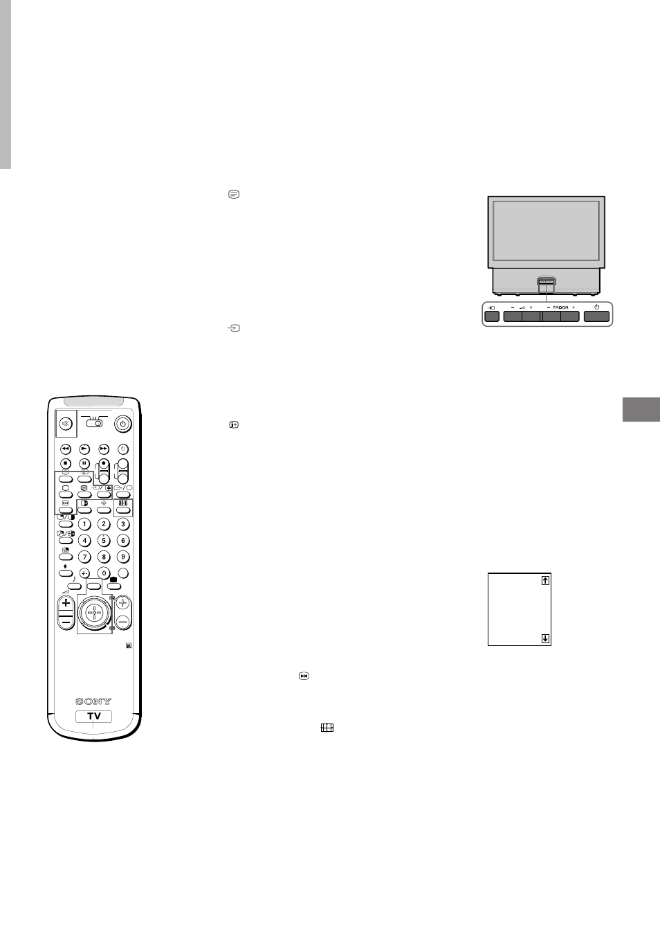 Se på text-tv eller video, Fler användbara funktioner, Se på text-tv | Se på videokanaler, Visa informationsindikatorer på skärmen, Dämpa ljudet, Visa tiden, Användning av kanaltabellen, Bildfrysning, Ändring av bildformat | Sony KL-40WA1 User Manual | Page 105 / 123