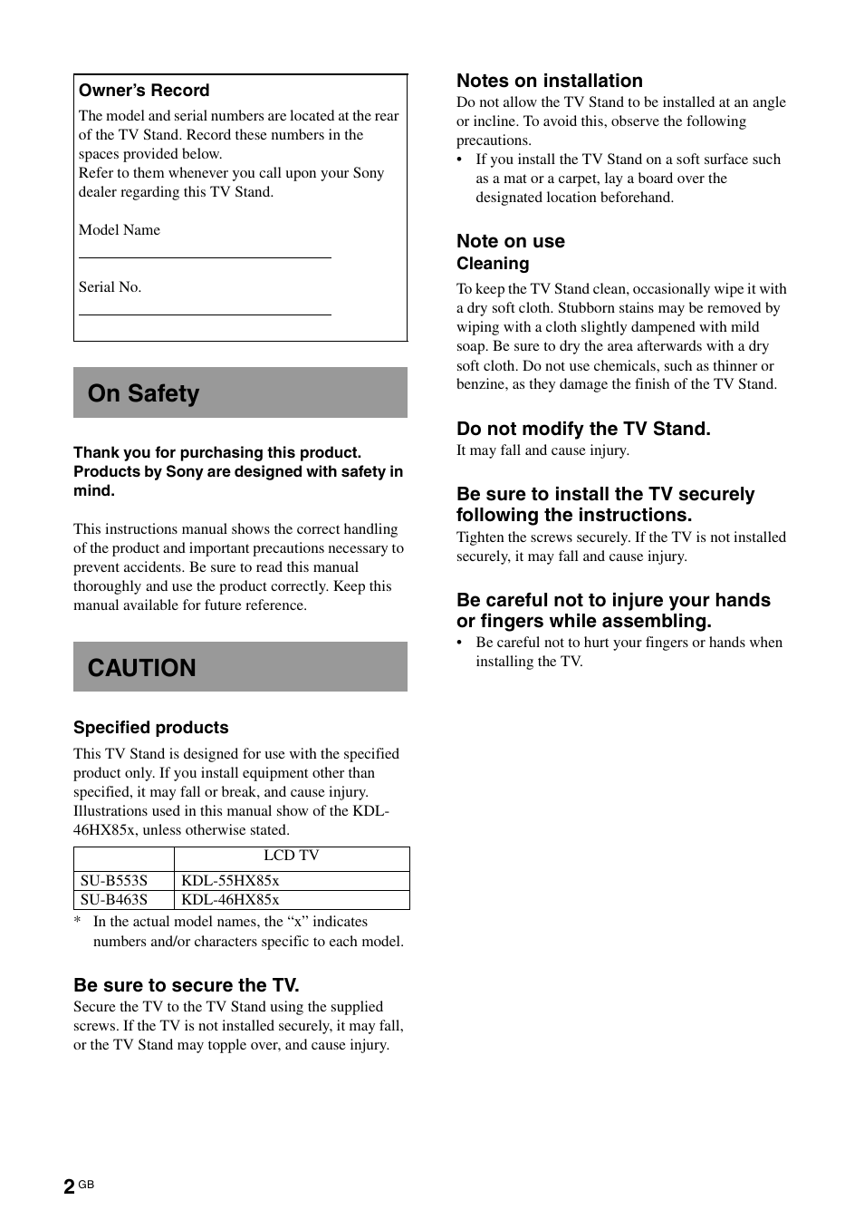 On safety, Caution, On safety caution | Sony SUB553S User Manual | Page 2 / 35