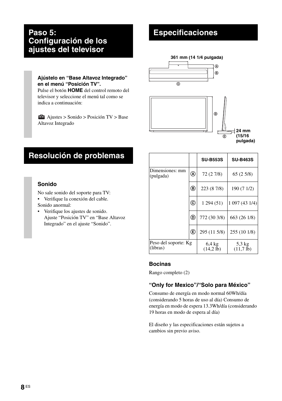 Paso 5: configuración de los ajustes del televisor, Resolución de problemas, Especificaciones | Sony SUB553S User Manual | Page 24 / 35