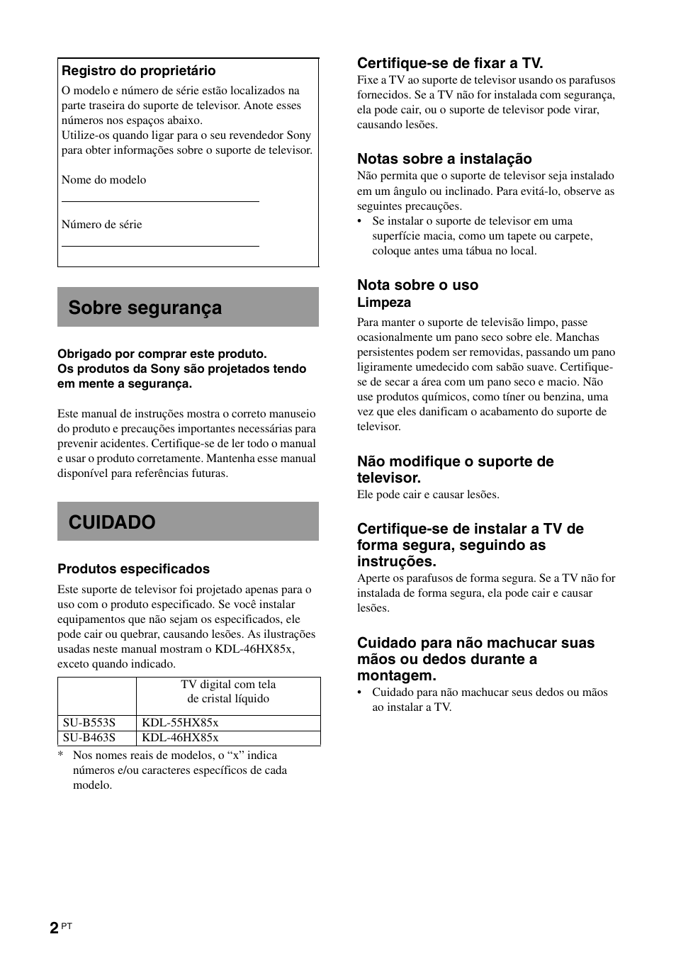 Sobre segurança, Cuidado, Sobre segurança cuidado | Sony SUB553S User Manual | Page 26 / 35