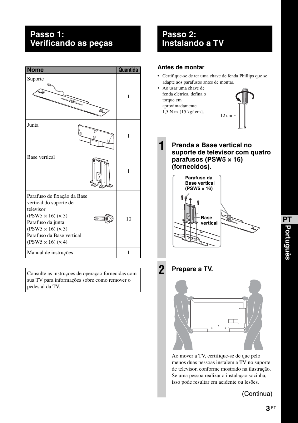 Passo 1: verificando as peças, Passo 2: instalando a tv | Sony SUB553S User Manual | Page 27 / 35