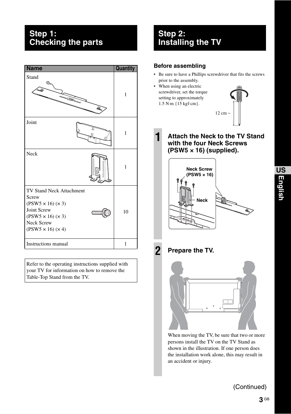 Step 1: checking the parts, Step 2: installing the tv | Sony SUB553S User Manual | Page 3 / 35