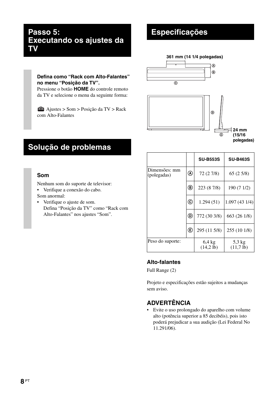 Passo 5: executando os ajustes da tv, Solução de problemas, Especificações | Sony SUB553S User Manual | Page 32 / 35