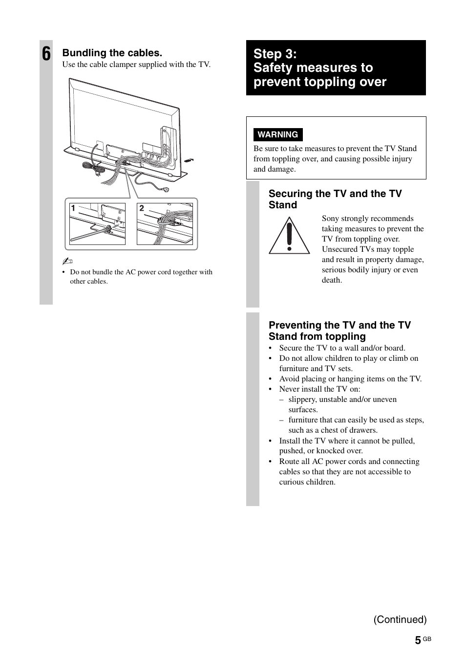 Step 3: safety measures to prevent toppling over | Sony SUB553S User Manual | Page 5 / 35