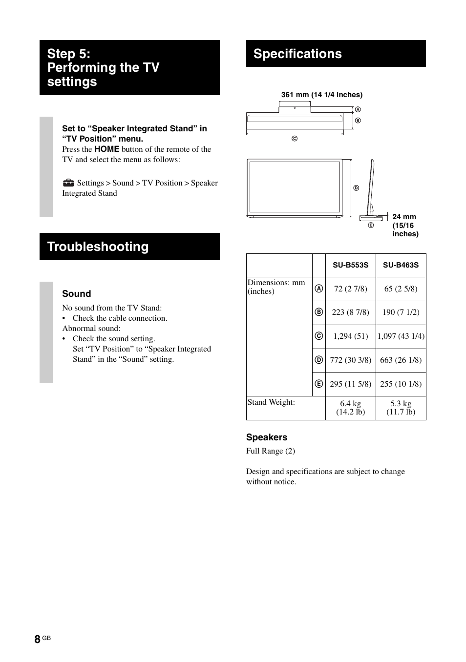 Step 5: performing the tv settings, Troubleshooting, Specifications | Sony SUB553S User Manual | Page 8 / 35