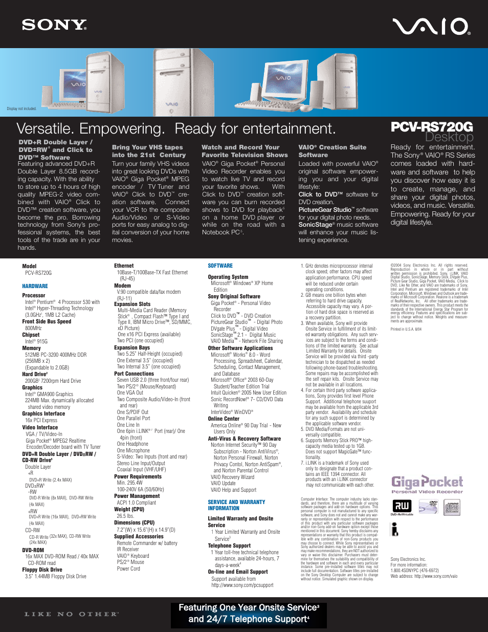 Sony PCV-RS720G User Manual | 1 page