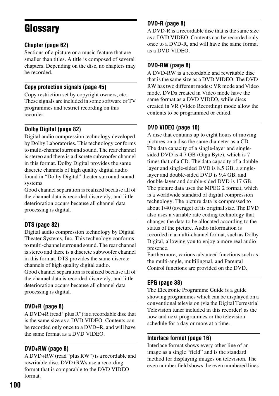 Glossary | Sony RDR-GXD310 User Manual | Page 100 / 108