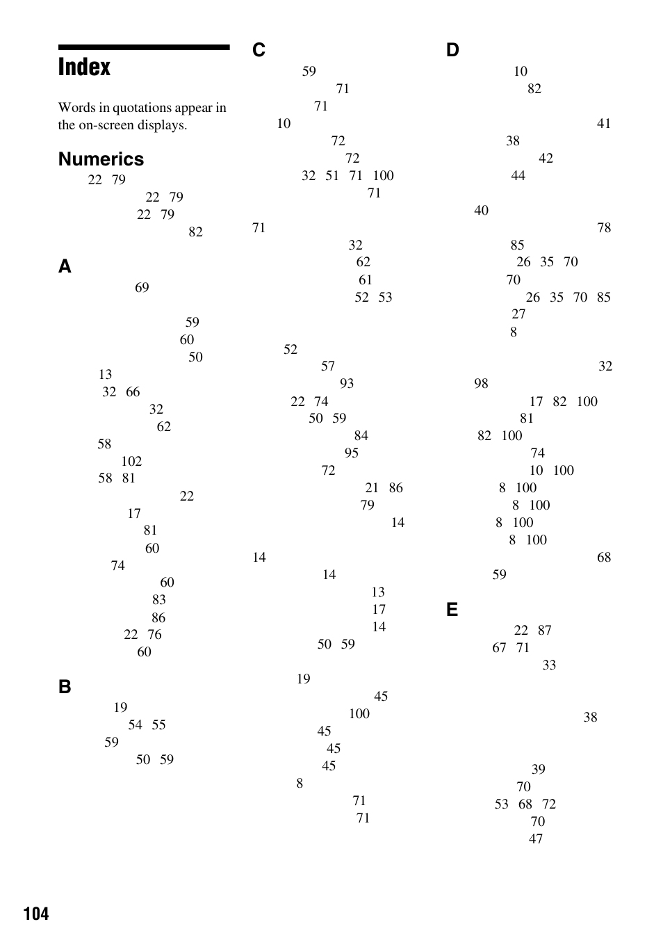 Index, Numerics | Sony RDR-GXD310 User Manual | Page 104 / 108