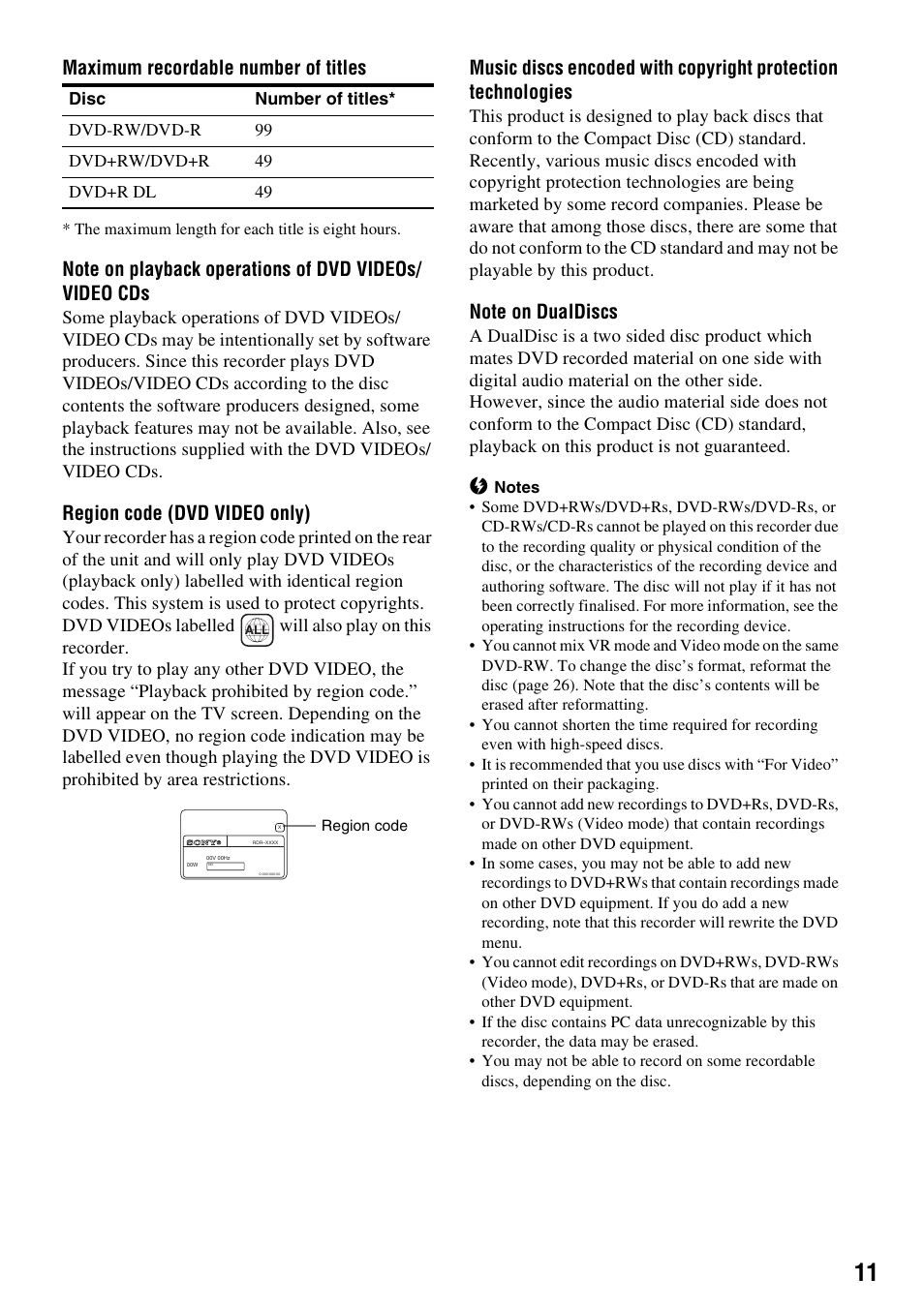 Maximum recordable number of titles, Region code (dvd video only) | Sony RDR-GXD310 User Manual | Page 11 / 108