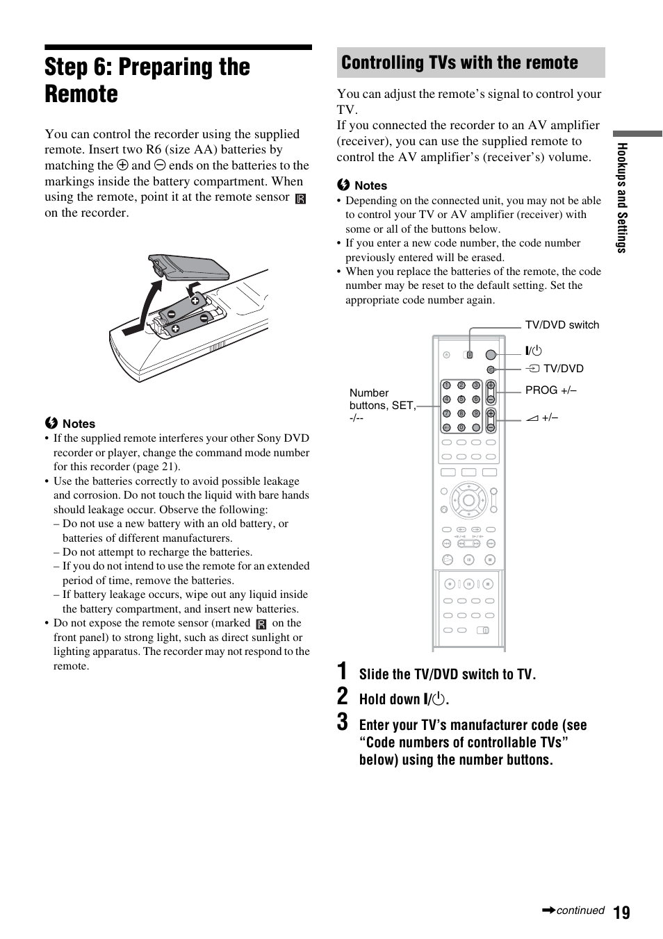 Step 6: preparing the remote, Controlling tvs with the remote | Sony RDR-GXD310 User Manual | Page 19 / 108