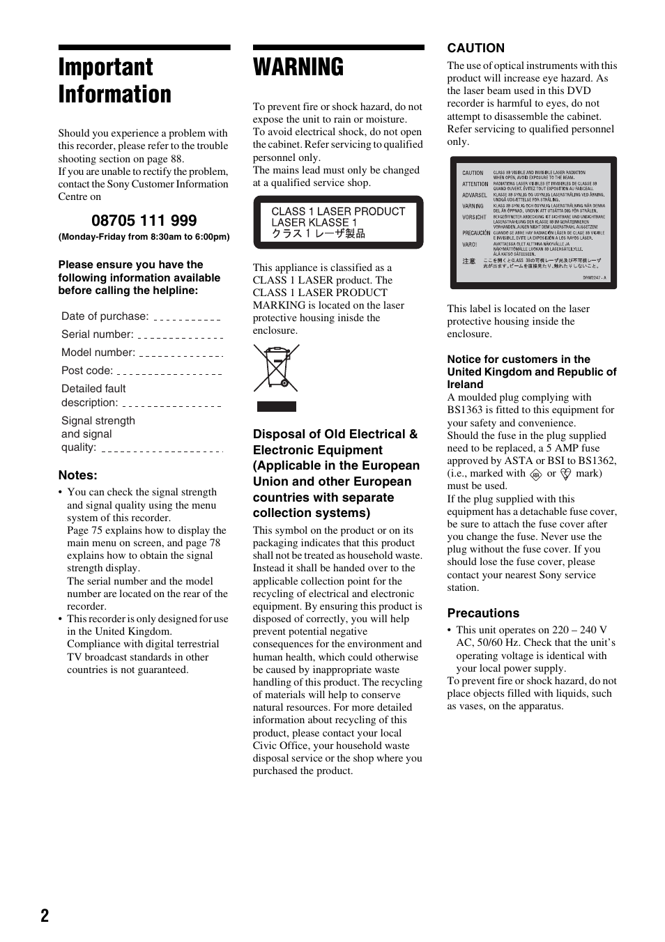 Important information, Warning | Sony RDR-GXD310 User Manual | Page 2 / 108