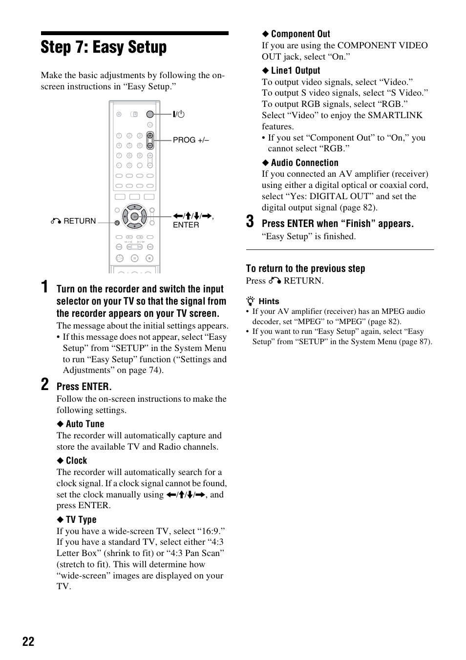 Step 7: easy setup | Sony RDR-GXD310 User Manual | Page 22 / 108