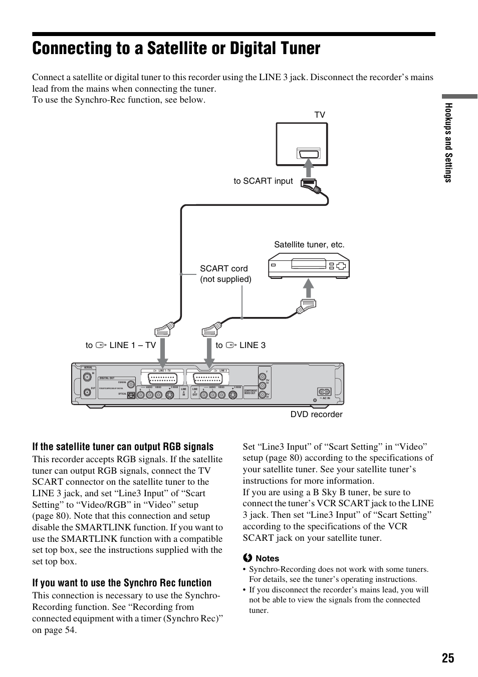 Connecting to a satellite or digital tuner, If the satellite tuner can output rgb signals, If you want to use the synchro rec function | Hook up s and se tti n gs | Sony RDR-GXD310 User Manual | Page 25 / 108