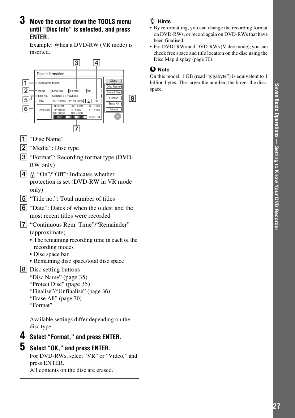 8 disc setting buttons, Page 35), Select “format,” and press enter | Select “ok,” and press enter | Sony RDR-GXD310 User Manual | Page 27 / 108