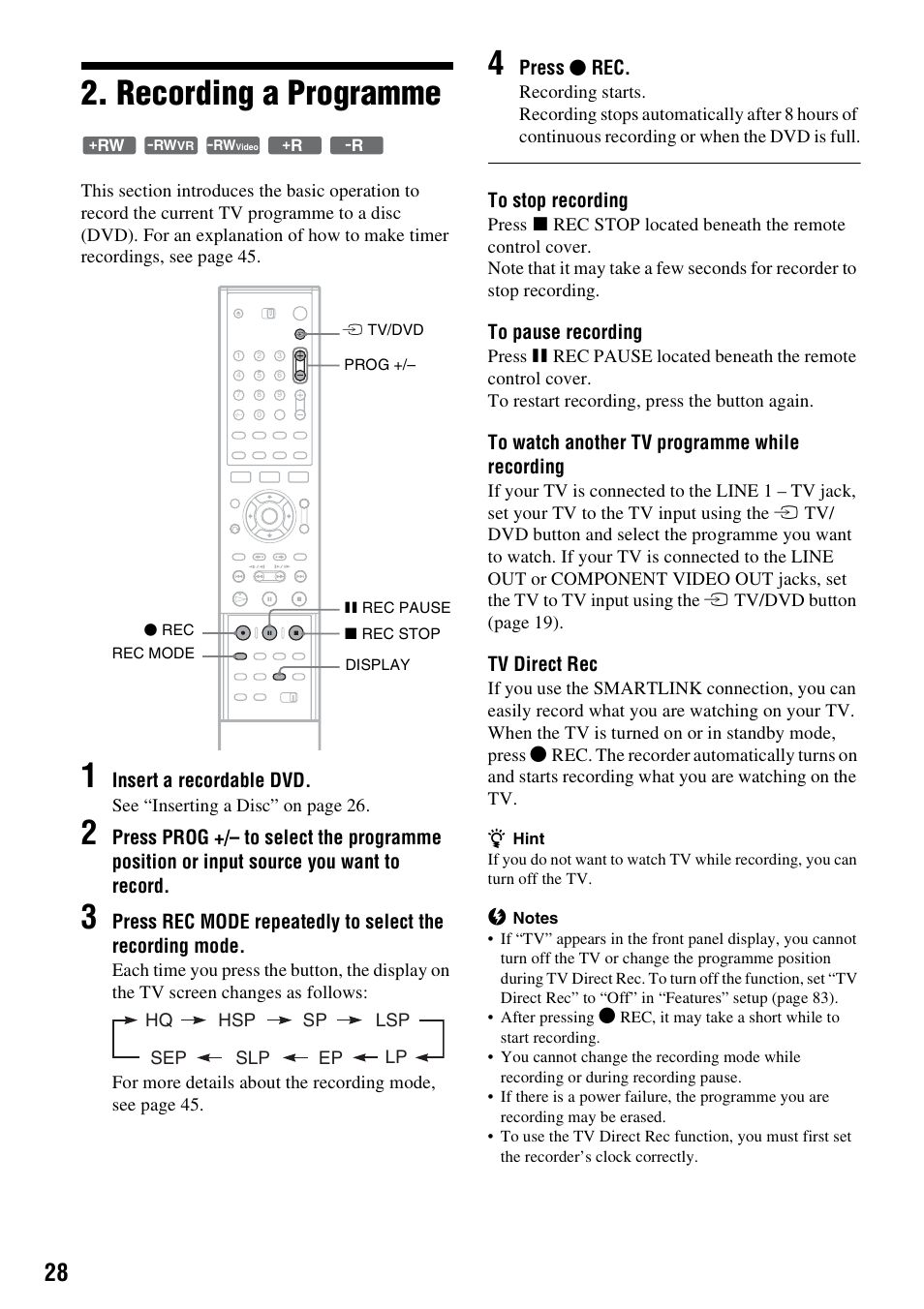 Recording a programme | Sony RDR-GXD310 User Manual | Page 28 / 108