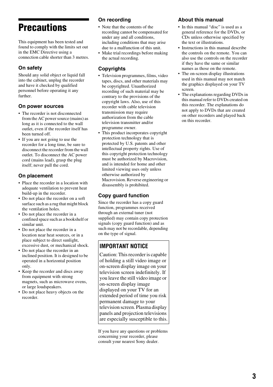 Precautions, Important notice | Sony RDR-GXD310 User Manual | Page 3 / 108