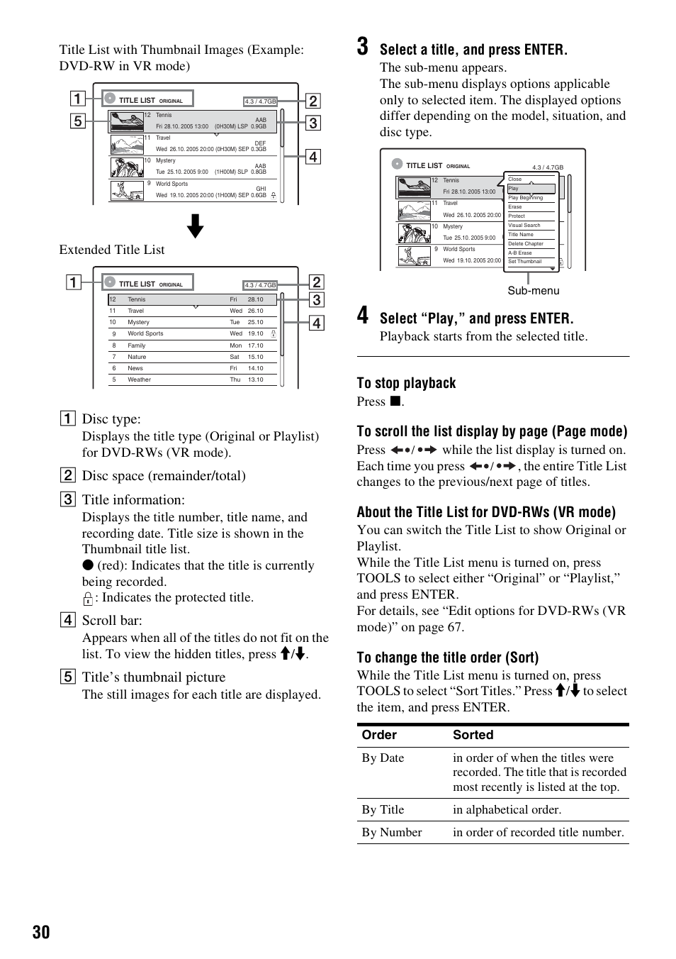 A disc type, B disc space (remainder/total) c title information, D scroll bar | E title’s thumbnail picture, Select a title, and press enter, Select “play,” and press enter, About the title list for dvd-rws (vr mode), The still images for each title are displayed, Playback starts from the selected title, Press x | Sony RDR-GXD310 User Manual | Page 30 / 108