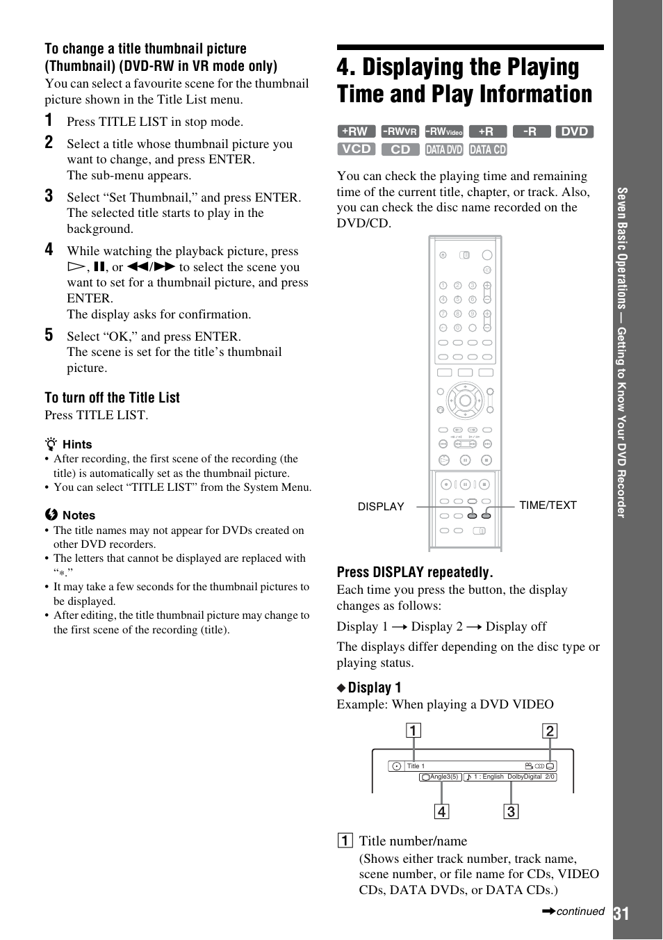 Displaying the playing time and play information, Press display repeatedly, Display 1 | A title number/name | Sony RDR-GXD310 User Manual | Page 31 / 108