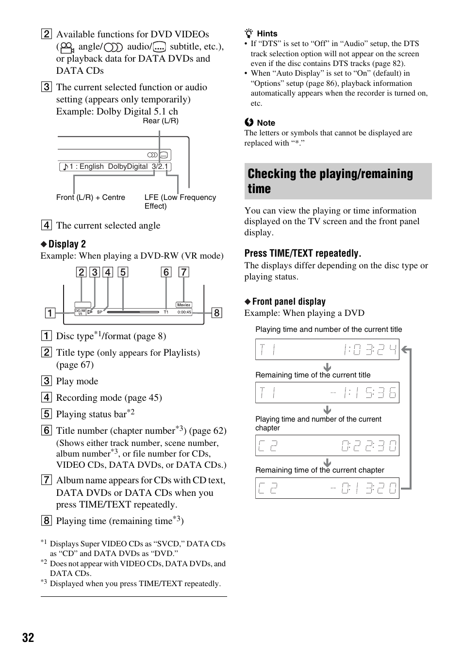 Checking the playing/remaining time | Sony RDR-GXD310 User Manual | Page 32 / 108