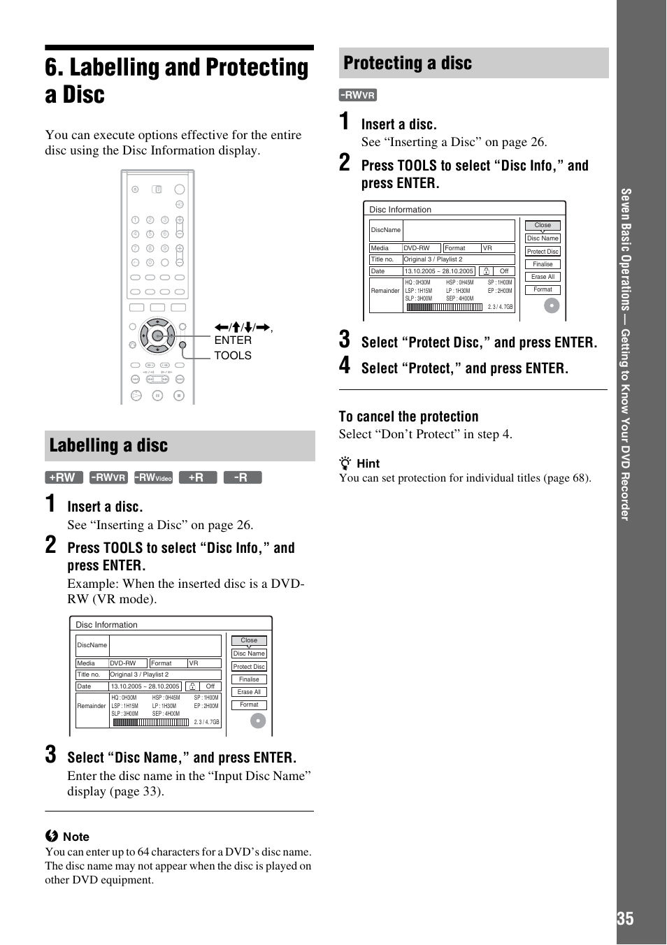 Labelling and protecting a disc, Labelling a disc, Protecting a disc | Labelling a disc protecting a disc, Insert a disc, Press tools to select “disc info,” and press enter, Select “disc name,” and press enter, Select “protect disc,” and press enter, See “inserting a disc” on page 26, Select “don’t protect” in step 4 | Sony RDR-GXD310 User Manual | Page 35 / 108