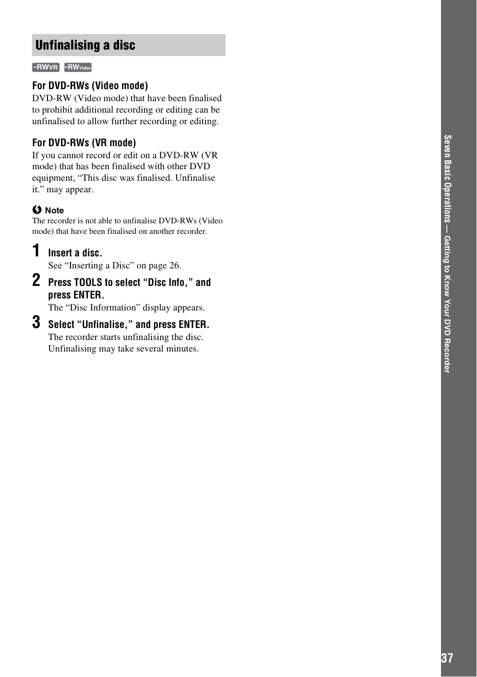 Unfinalising a disc | Sony RDR-GXD310 User Manual | Page 37 / 108