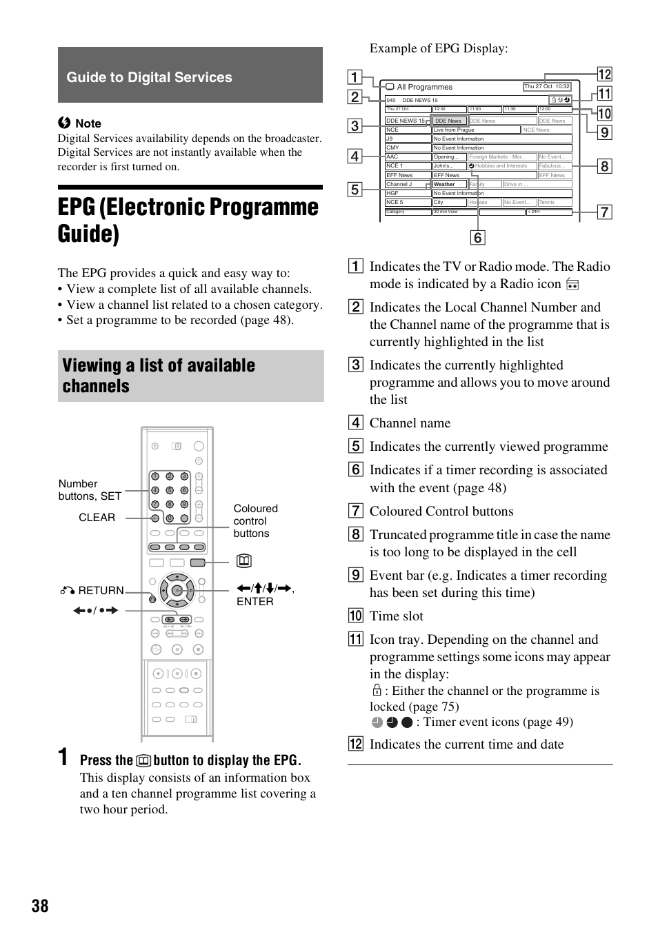 Guide to digital services, Epg (electronic programme guide), Viewing a list of available channels | Guide to digital services b, Press the button to display the epg, L indicates the current time and date | Sony RDR-GXD310 User Manual | Page 38 / 108