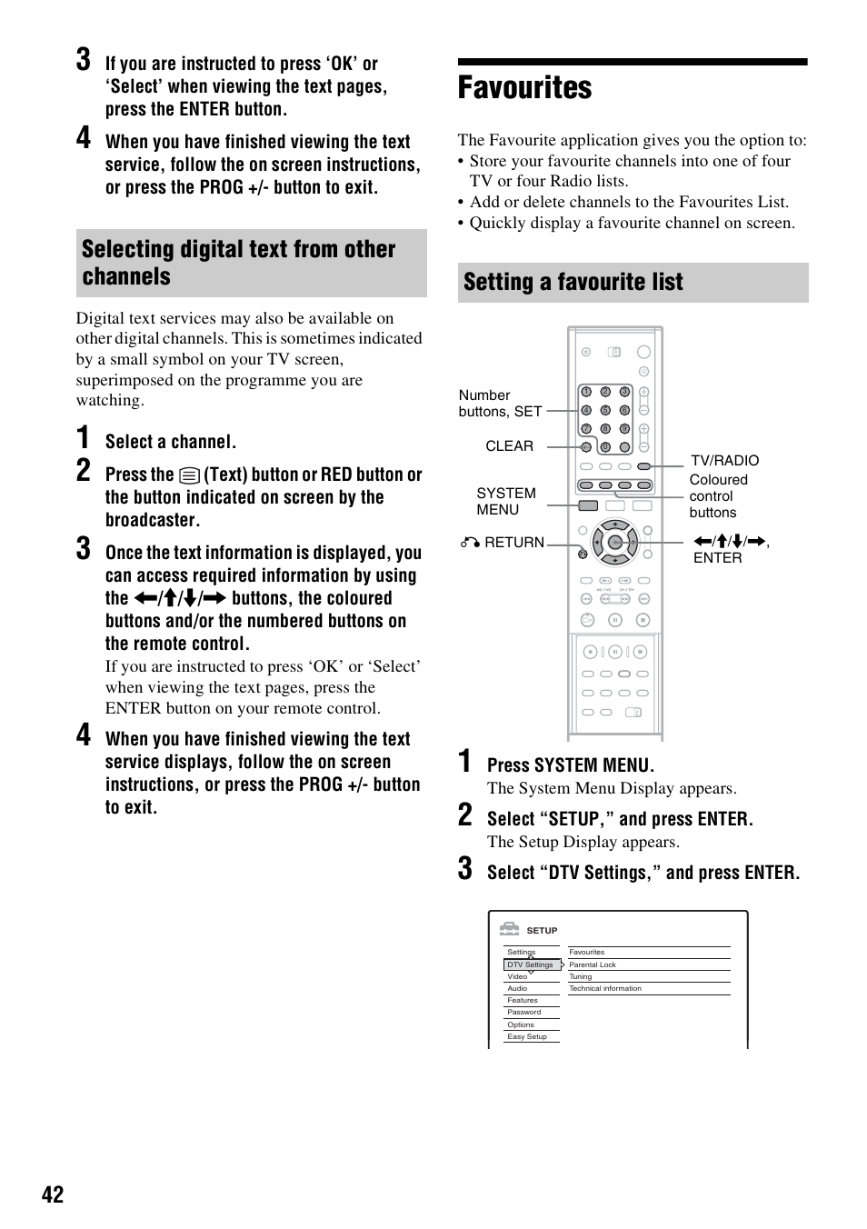 Selecting digital text from other channels, Favourites, Setting a favourite list | Sony RDR-GXD310 User Manual | Page 42 / 108