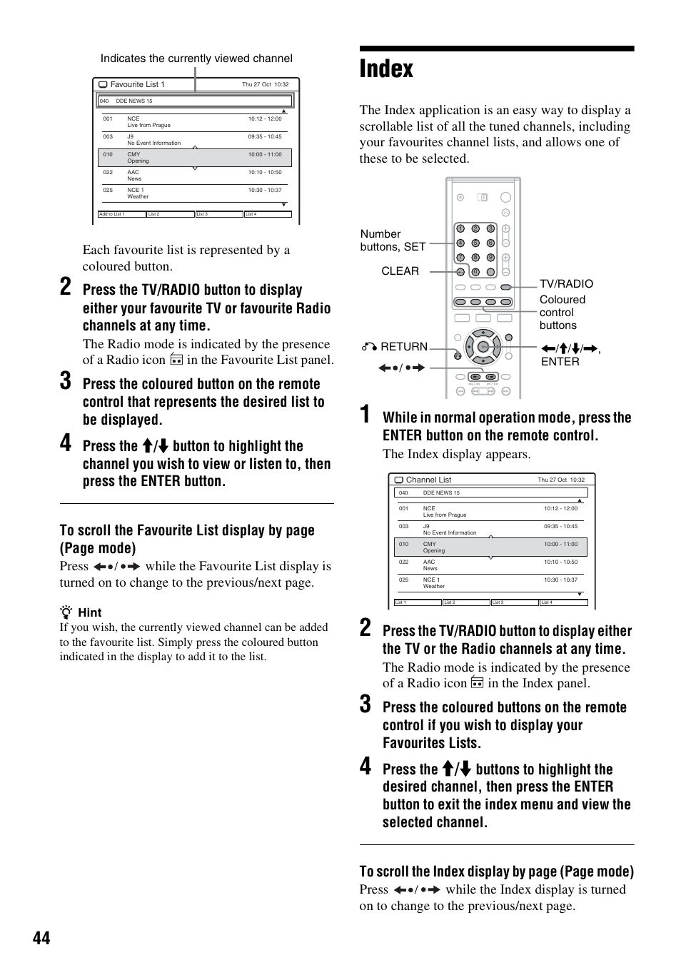 Index, M / m, Press the | Press, The index display appears | Sony RDR-GXD310 User Manual | Page 44 / 108