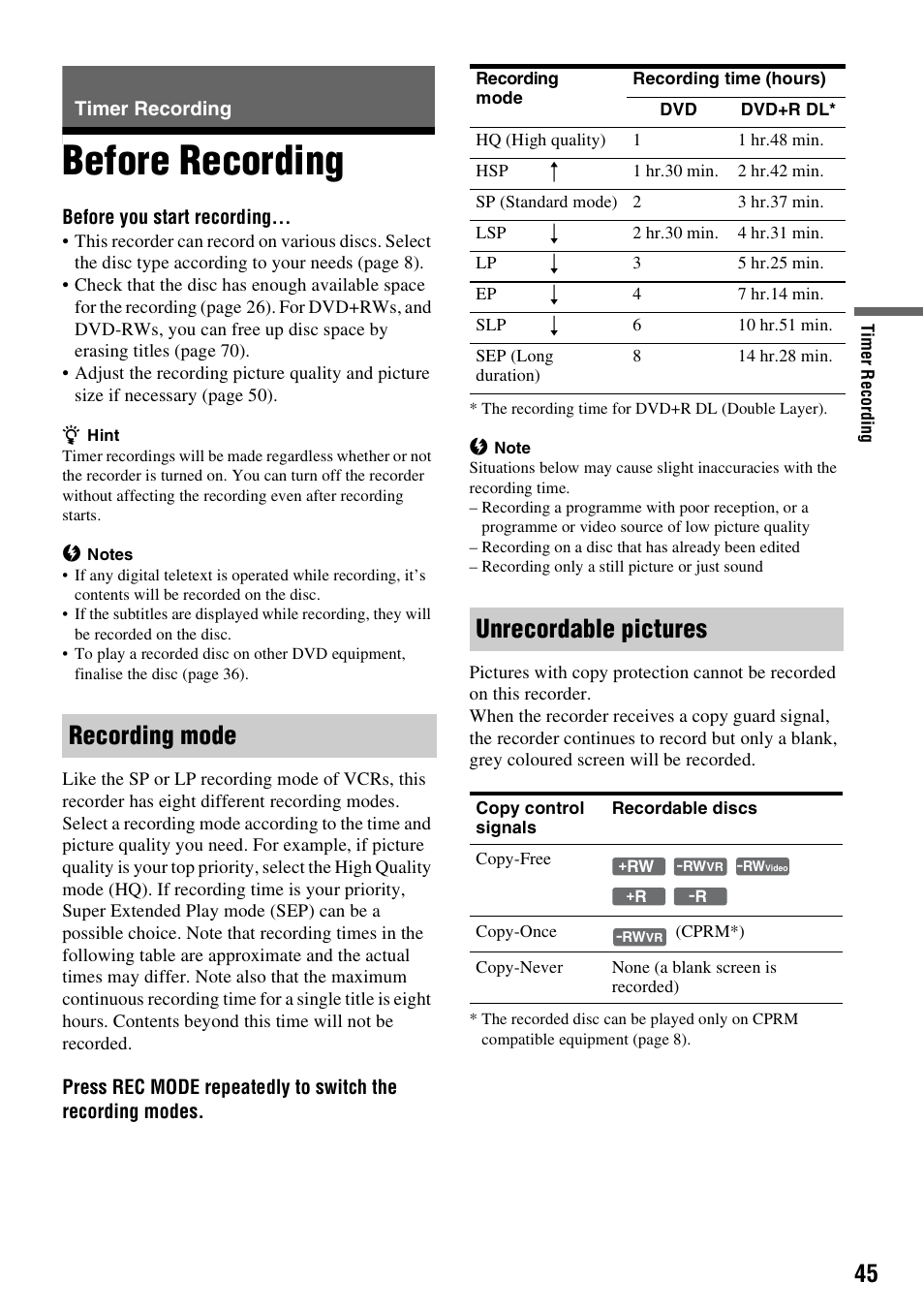 Timer recording, Before recording, Recording mode | Unrecordable pictures, Recording mode unrecordable pictures | Sony RDR-GXD310 User Manual | Page 45 / 108