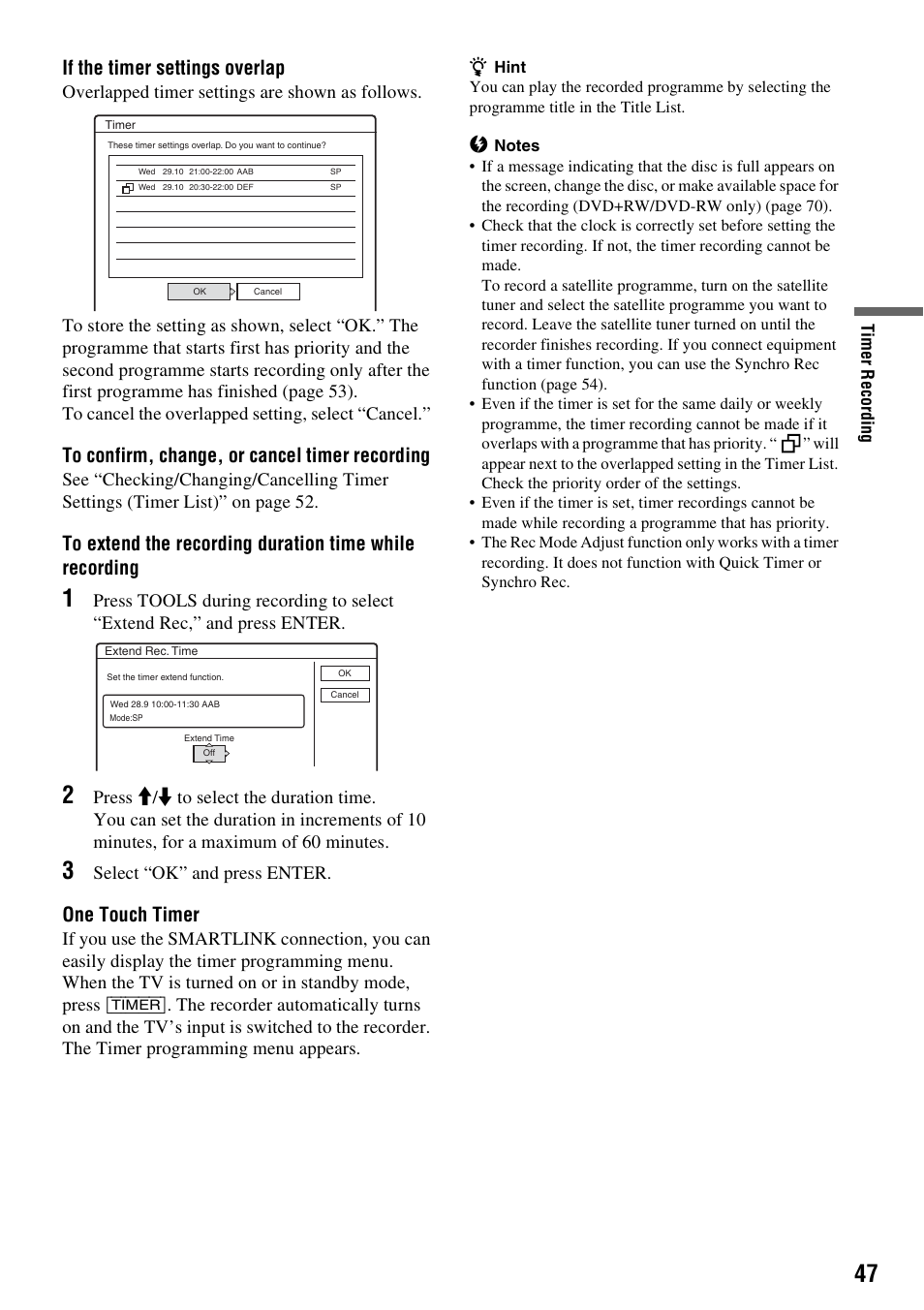 If the timer settings overlap, One touch timer, Select “ok” and press enter | Sony RDR-GXD310 User Manual | Page 47 / 108